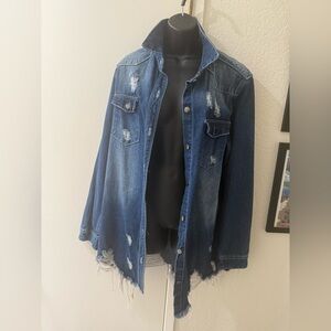 Distressed Longline Denim Jacket - Frayed Hem‎ Oversized Fit